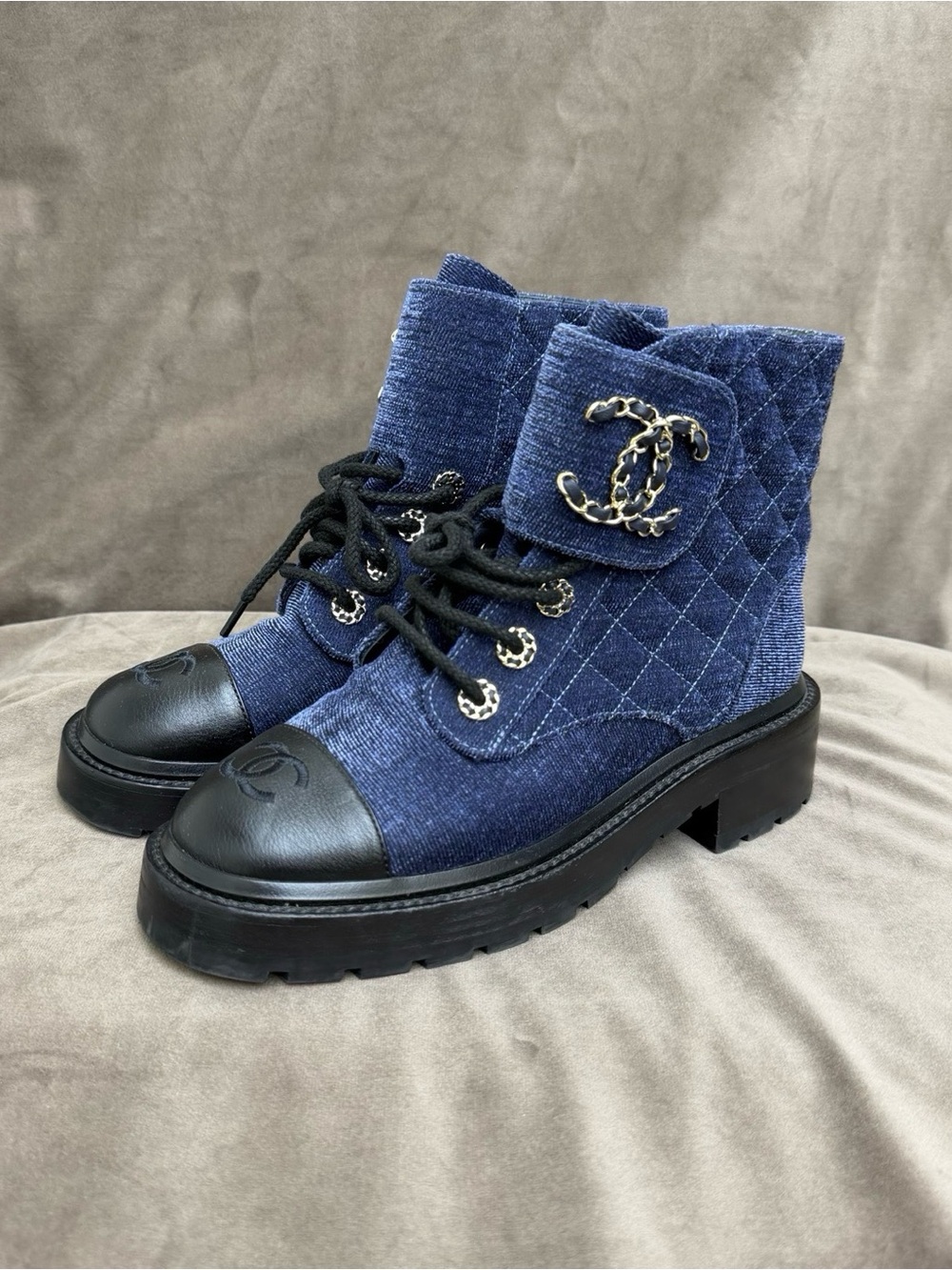 CHANEL Blue Quilted Denim Lace-Up Ankle Boots with Black Leather Toe